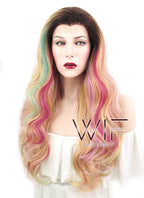 26" Wavy Green Pink Yellow With Brown Roots Lace Front Synthetic Wig LF479