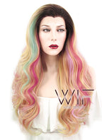 26" Wavy Green Pink Yellow With Brown Roots Lace Front Synthetic Wig LF479