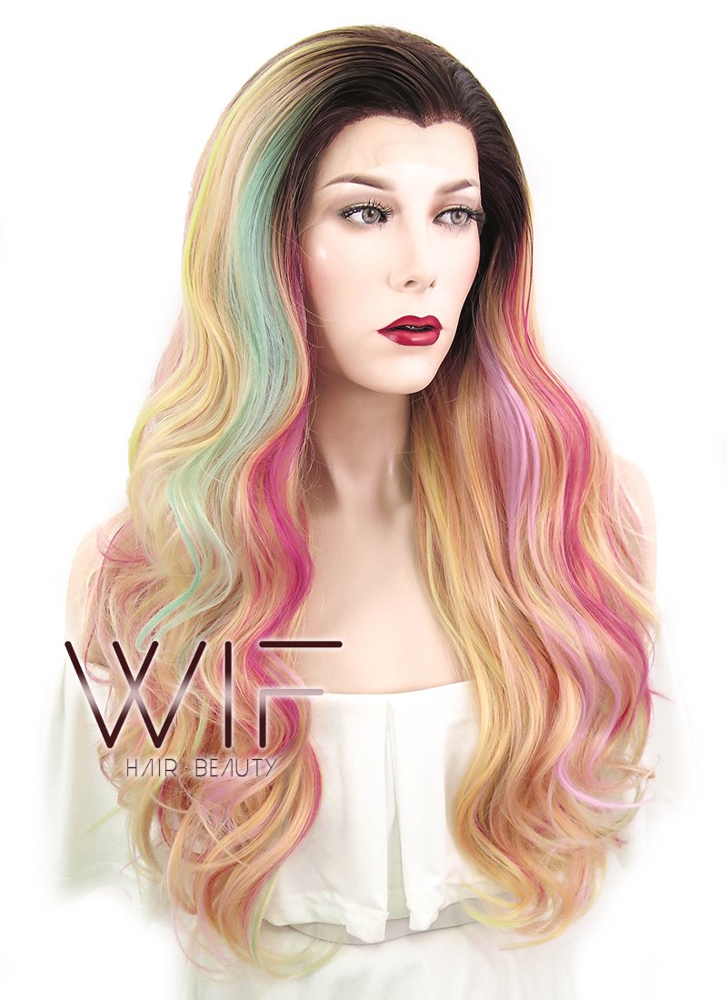 26" Wavy Green Pink Yellow With Brown Roots Lace Front Synthetic Wig LF479