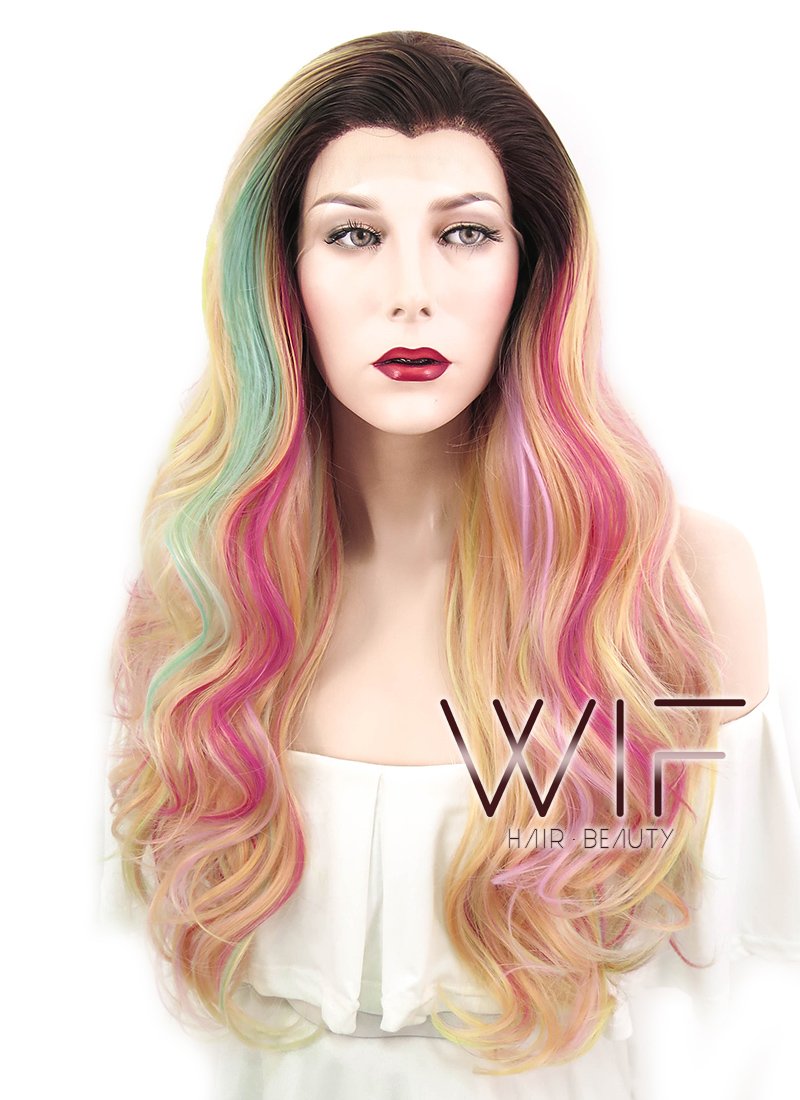 26" Wavy Green Pink Yellow With Brown Roots Lace Front Synthetic Wig LF479