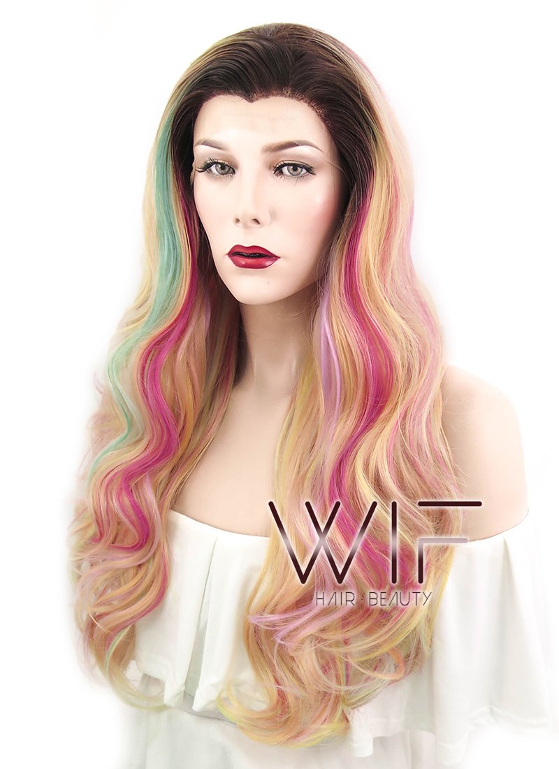 26" Wavy Green Pink Yellow With Brown Roots Lace Front Synthetic Wig LF479
