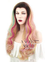 26" Wavy Green Pink Yellow With Brown Roots Lace Front Synthetic Wig LF479