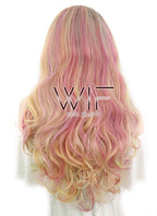 26" Wavy Green Pink Yellow With Brown Roots Lace Front Synthetic Wig LF479