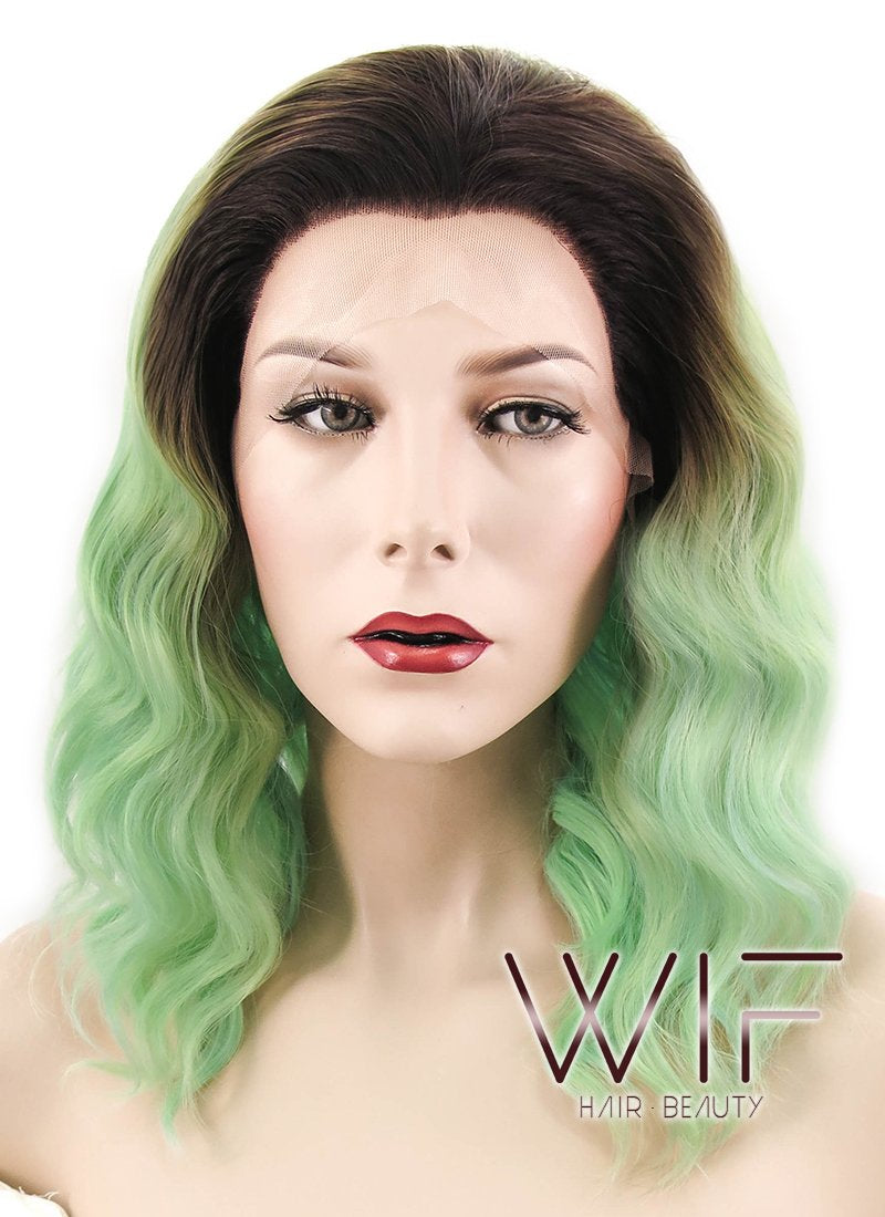 14" Wavy Mixed Green With Brown Roots Lace Front Synthetic Wig LF482
