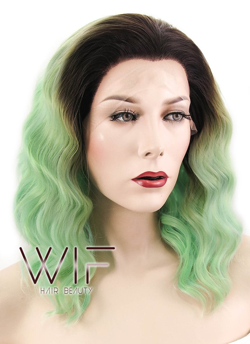 14" Wavy Mixed Green With Brown Roots Lace Front Synthetic Wig LF482