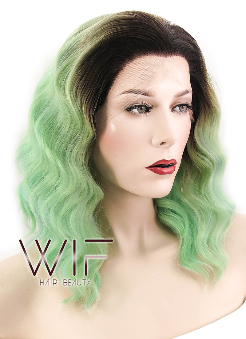 14" Wavy Mixed Green With Brown Roots Lace Front Synthetic Wig LF482