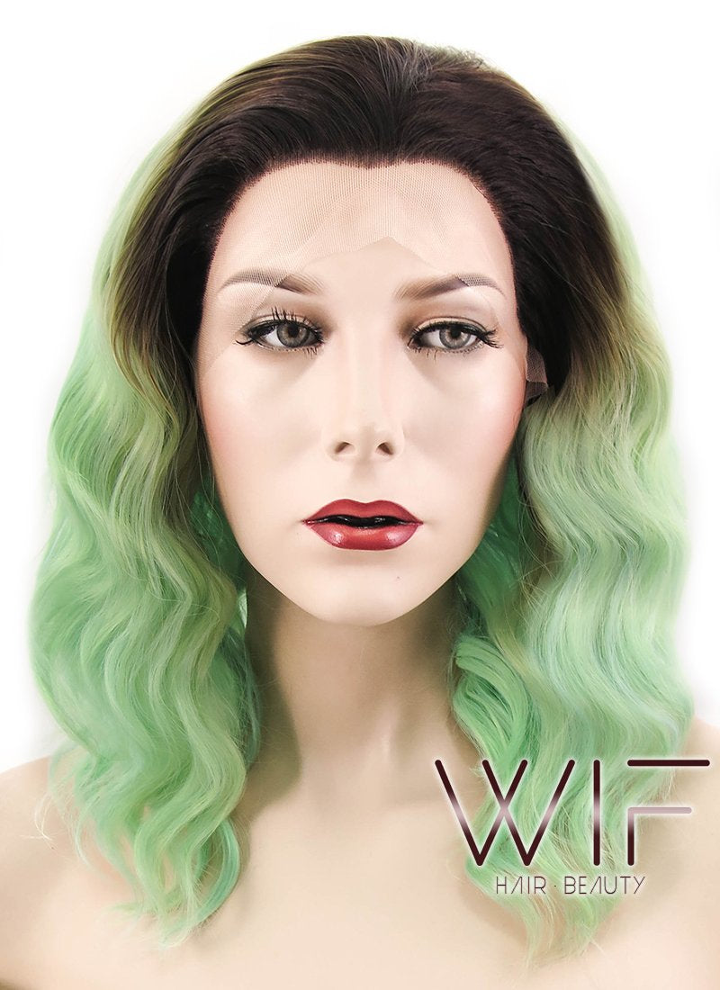 14" Wavy Mixed Green With Brown Roots Lace Front Synthetic Wig LF482