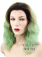 14" Wavy Mixed Green With Brown Roots Lace Front Synthetic Wig LF482