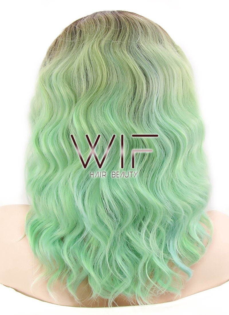 14" Wavy Mixed Green With Brown Roots Lace Front Synthetic Wig LF482