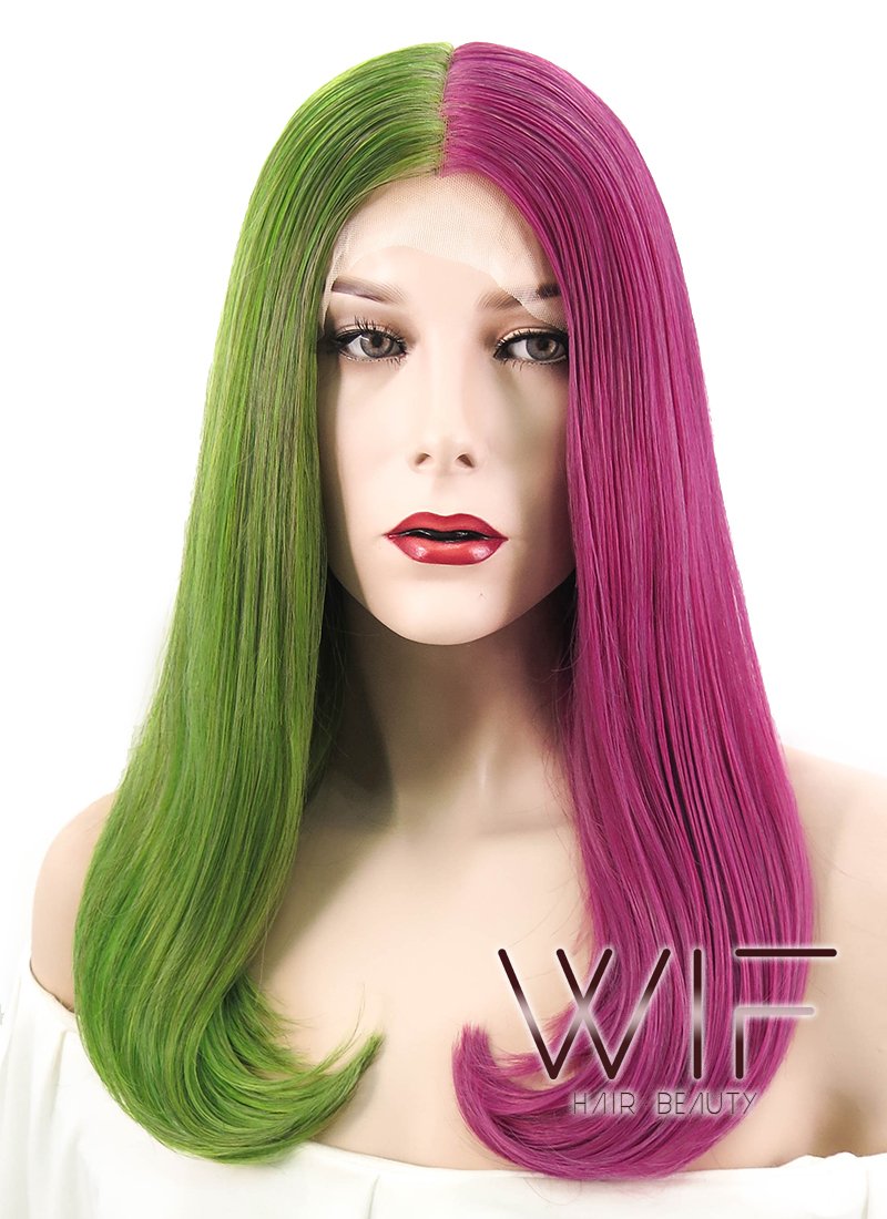 17" Straight Green Pink Split Color Lace Front Synthetic Wig LF489