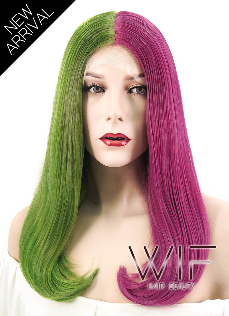 17" Straight Green Pink Split Color Lace Front Synthetic Wig LF489