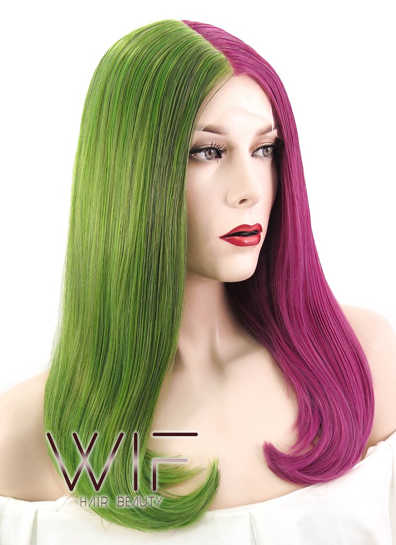 17" Straight Green Pink Split Color Lace Front Synthetic Wig LF489