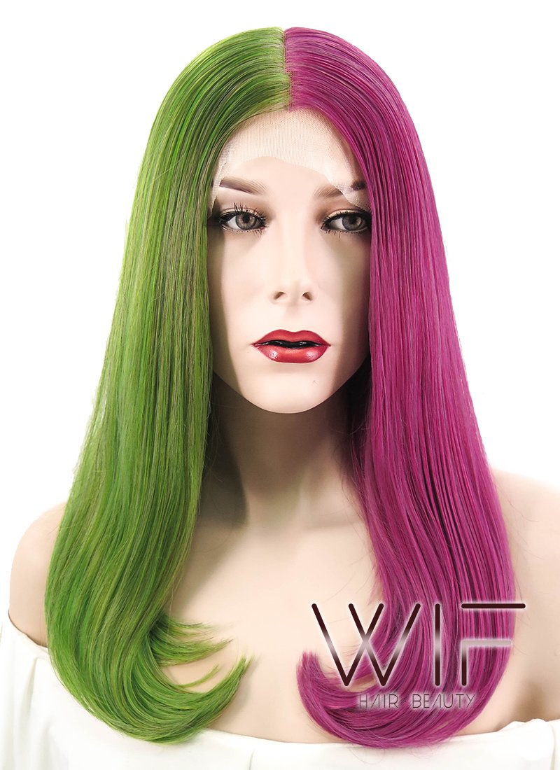 17" Straight Green Pink Split Color Lace Front Synthetic Wig LF489