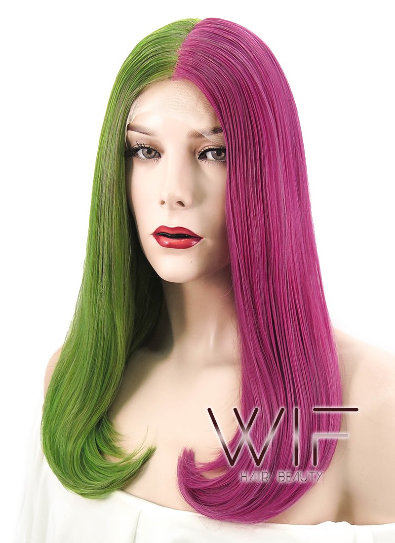 17" Straight Green Pink Split Color Lace Front Synthetic Wig LF489