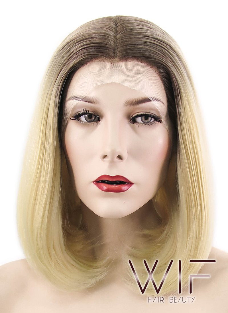 12" Straight Light Blonde With Brown Roots Lace Front Synthetic Wig LF495