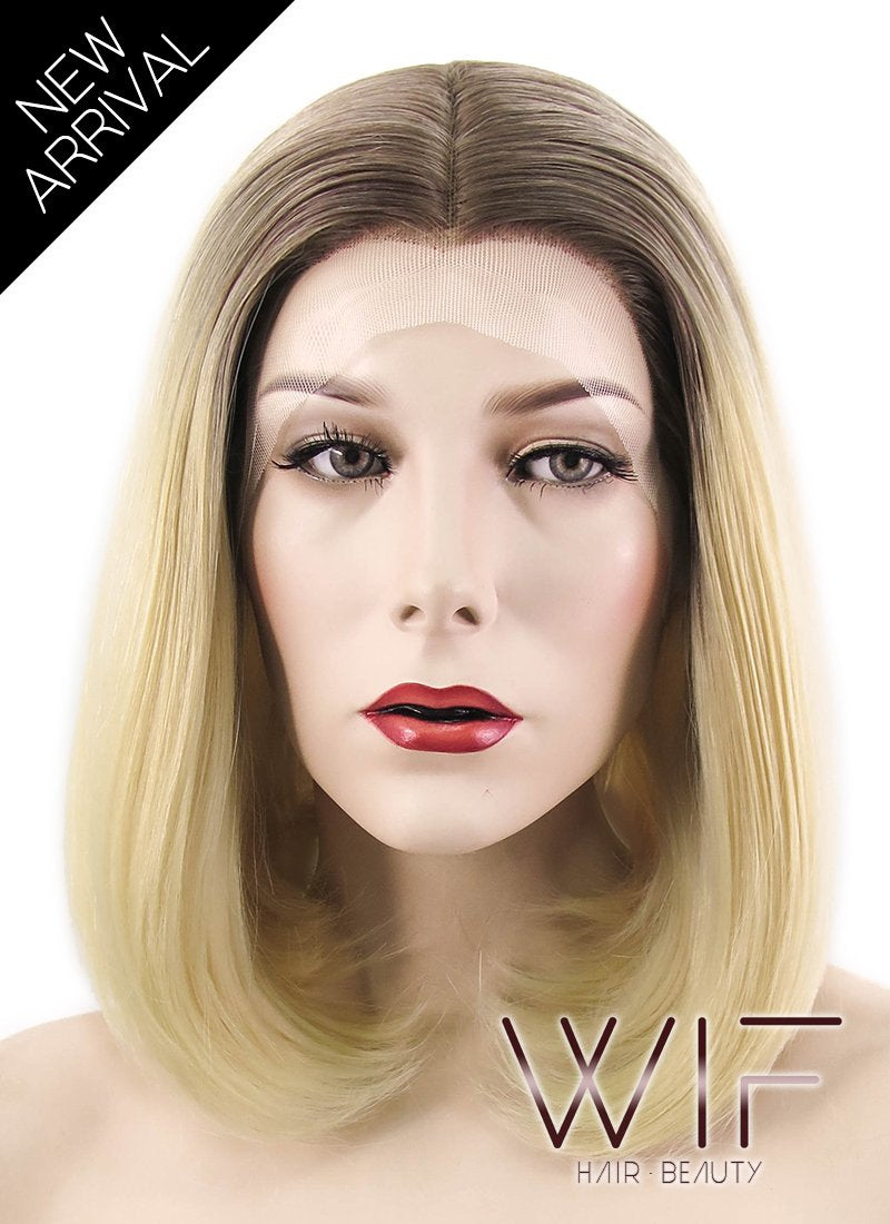 12" Straight Light Blonde With Brown Roots Lace Front Synthetic Wig LF495