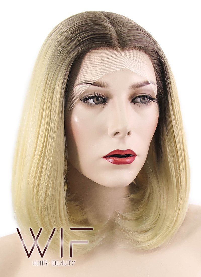 12" Straight Light Blonde With Brown Roots Lace Front Synthetic Wig LF495