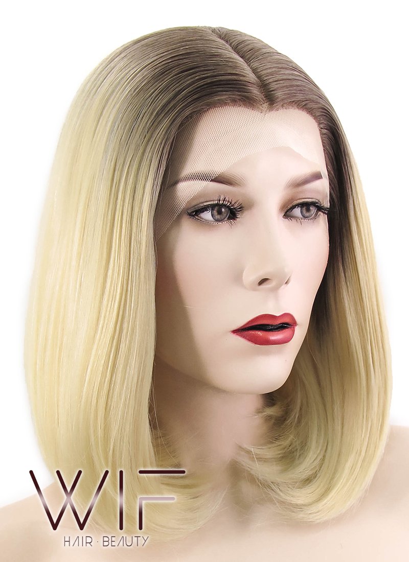 12" Straight Light Blonde With Brown Roots Lace Front Synthetic Wig LF495