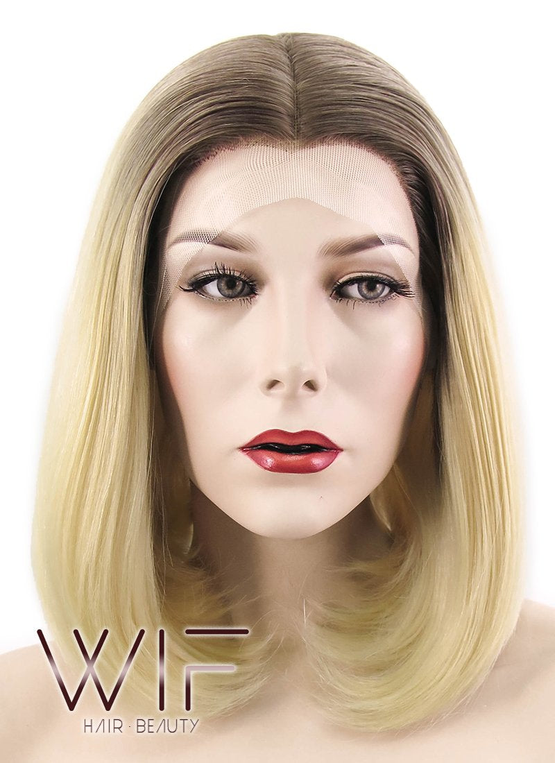 12" Straight Light Blonde With Brown Roots Lace Front Synthetic Wig LF495