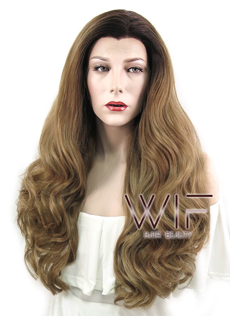 24" Wavy Brown With Dark Roots Lace Front Synthetic Wig LF500