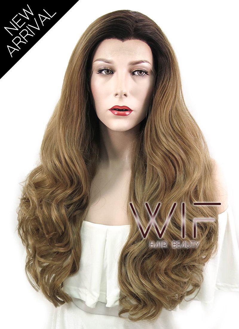 24" Wavy Brown With Dark Roots Lace Front Synthetic Wig LF500