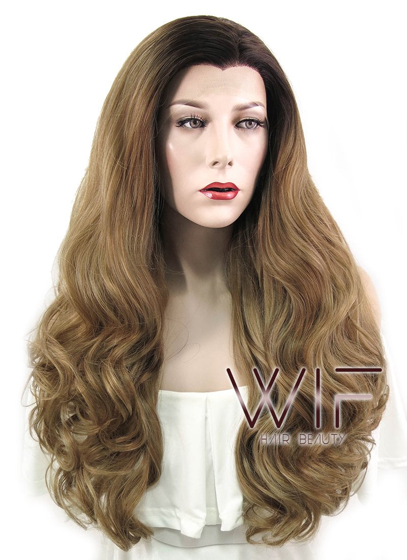 24" Wavy Brown With Dark Roots Lace Front Synthetic Wig LF500