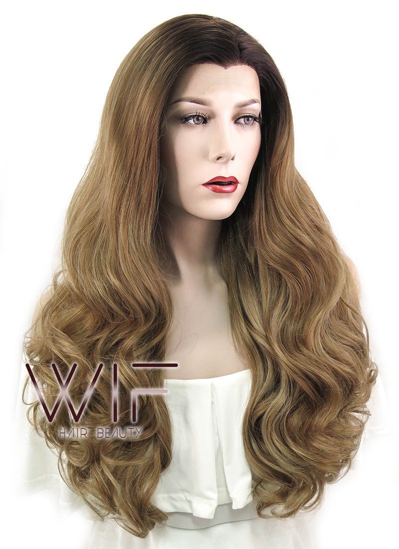 24" Wavy Brown With Dark Roots Lace Front Synthetic Wig LF500