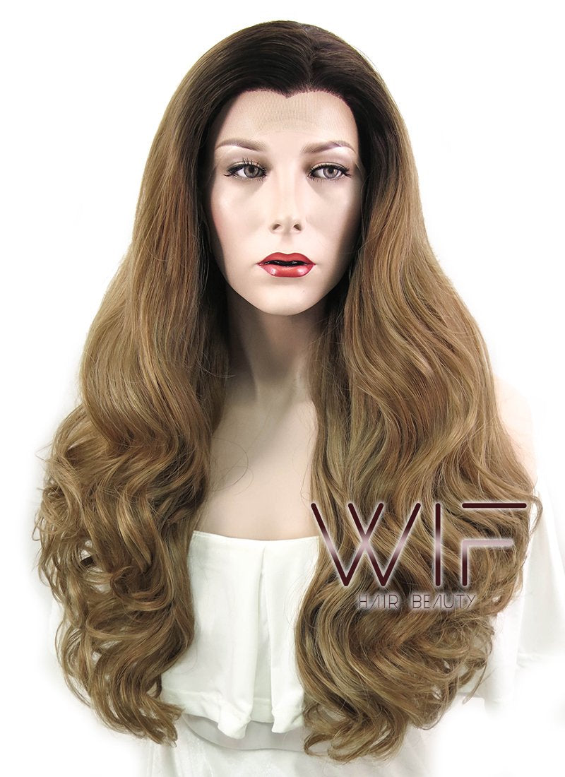 24" Wavy Brown With Dark Roots Lace Front Synthetic Wig LF500