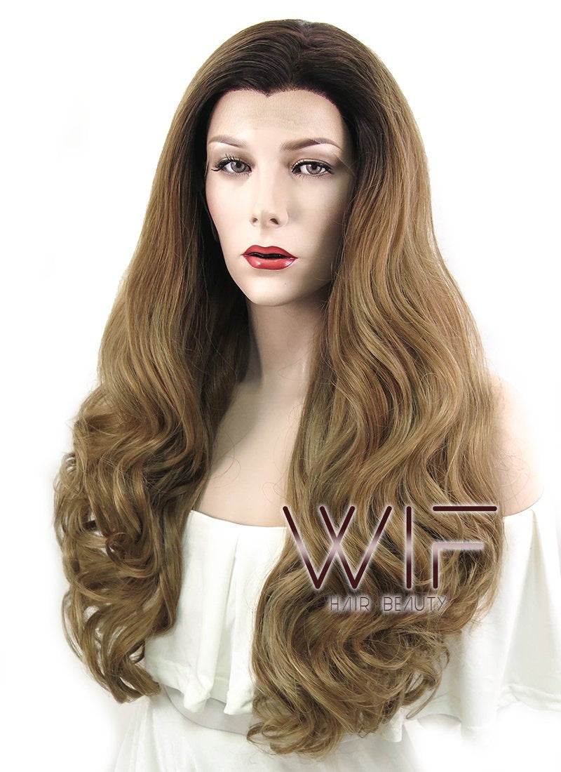 24" Wavy Brown With Dark Roots Lace Front Synthetic Wig LF500