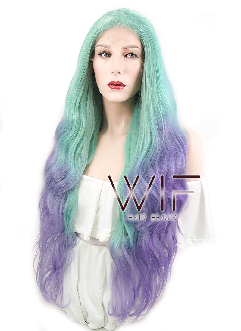 28" Wavy Green Blue Purple Ombre Lace Front Synthetic Wig LF623