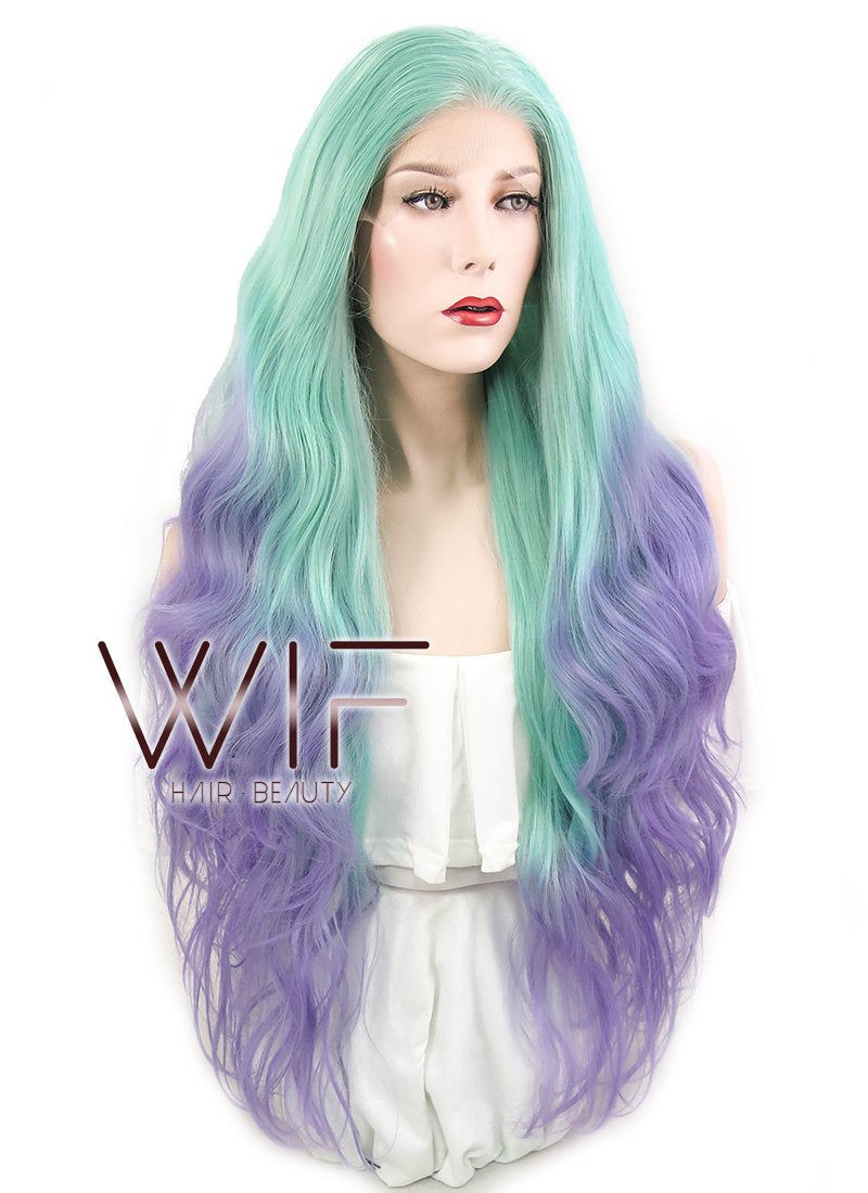 28" Wavy Green Blue Purple Ombre Lace Front Synthetic Wig LF623
