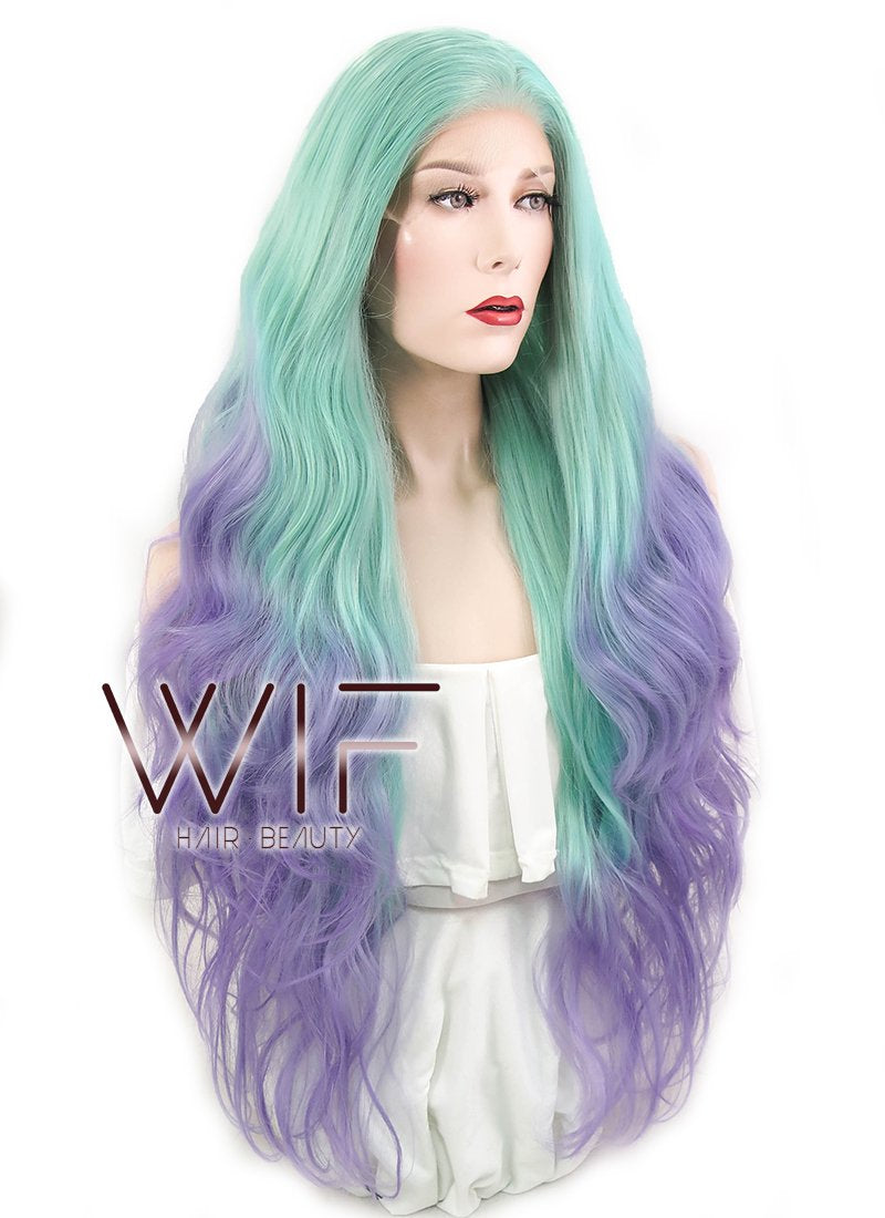28" Wavy Green Blue Purple Ombre Lace Front Synthetic Wig LF623