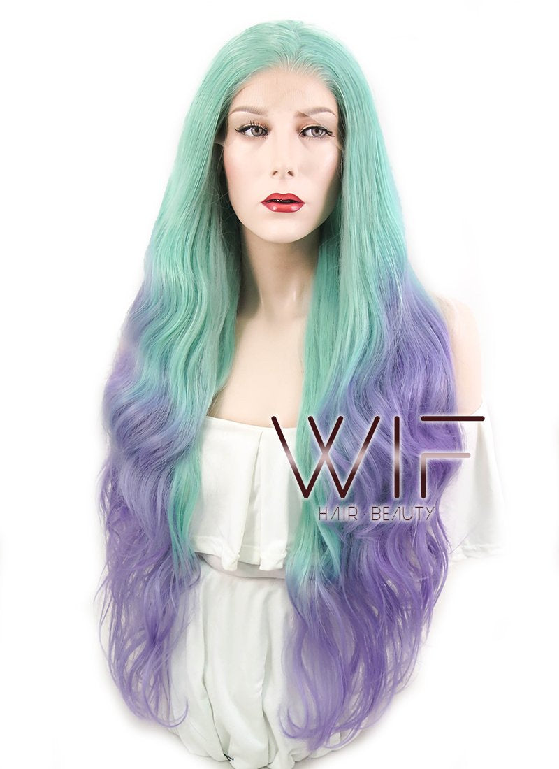 28" Wavy Green Blue Purple Ombre Lace Front Synthetic Wig LF623
