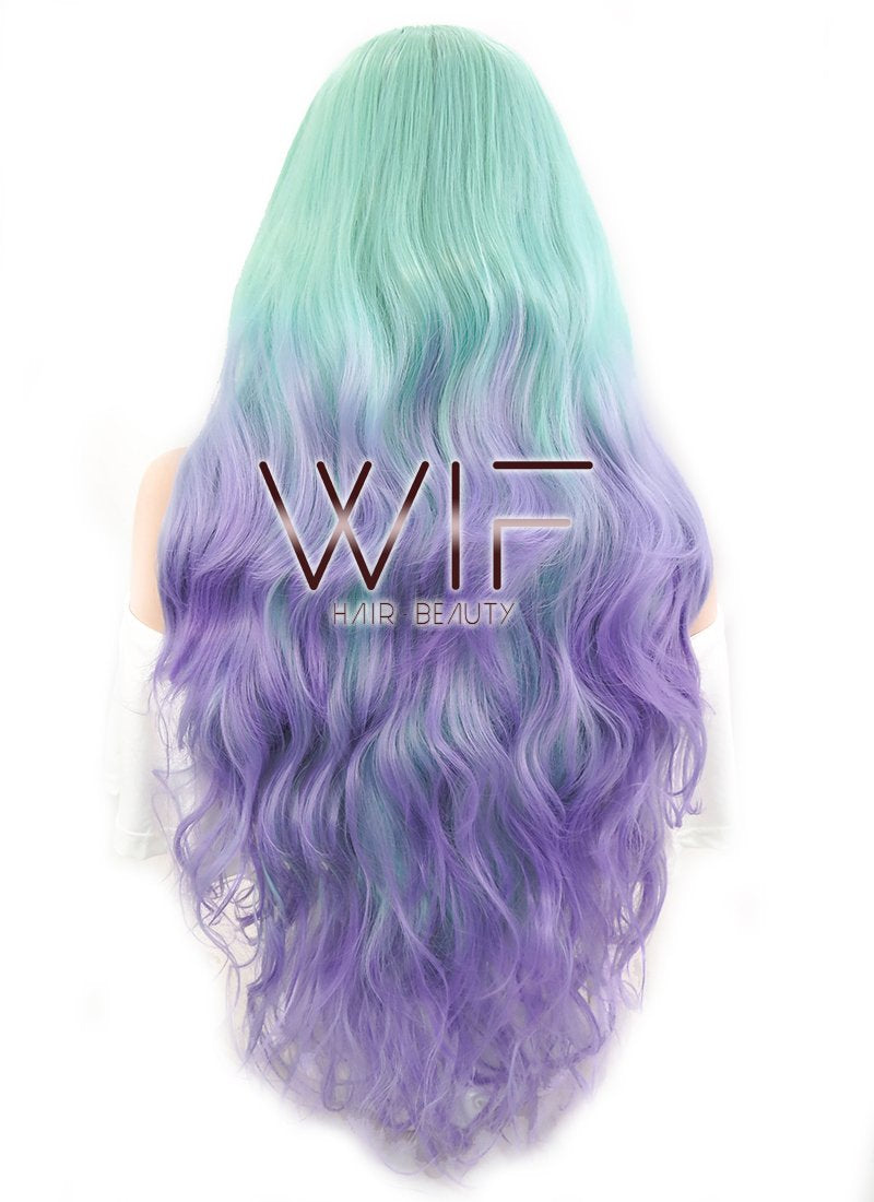 28" Wavy Green Blue Purple Ombre Lace Front Synthetic Wig LF623