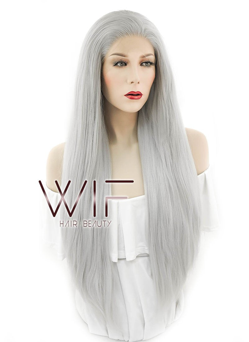 28" Straight Yaki Silver Grey Lace Front Synthetic Wig LF624N