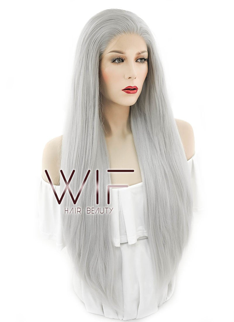 28" Straight Yaki Silver Grey Lace Front Synthetic Wig LF624N