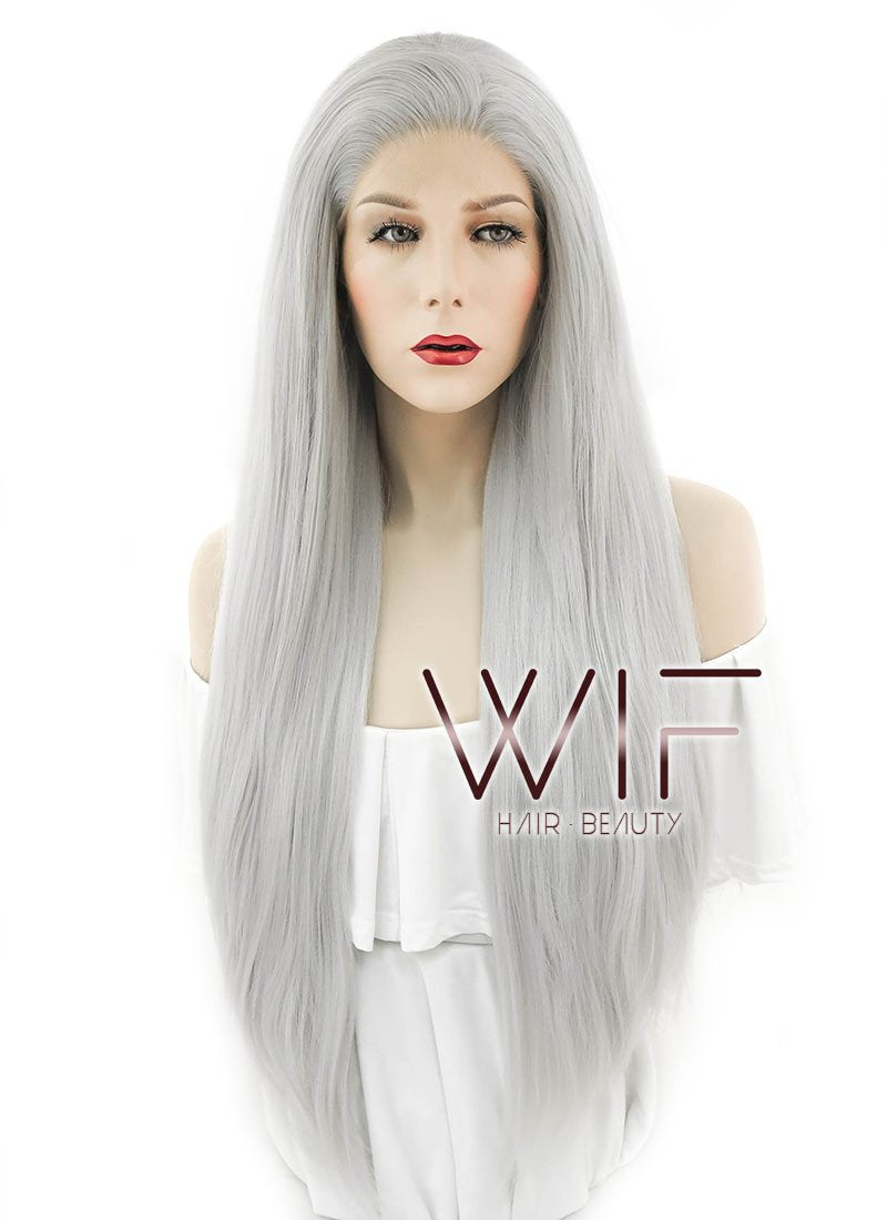 28" Straight Yaki Silver Grey Lace Front Synthetic Wig LF624N