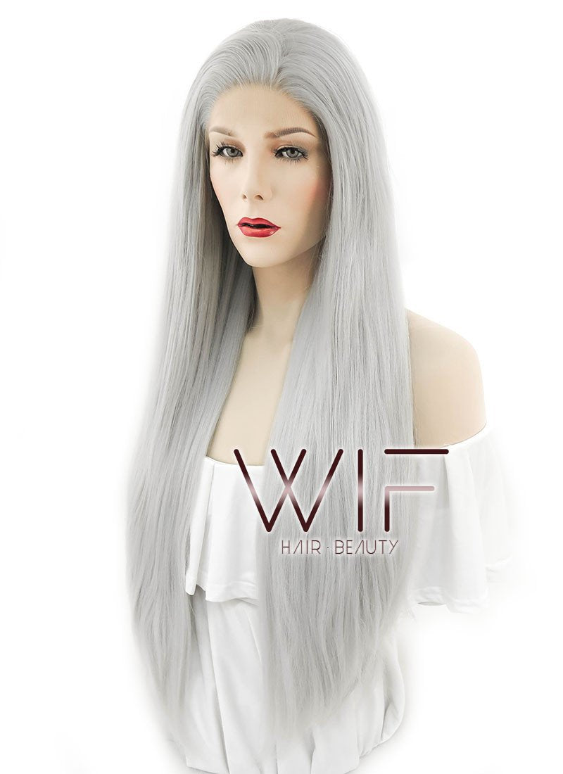 28" Straight Yaki Silver Grey Lace Front Synthetic Wig LF624N