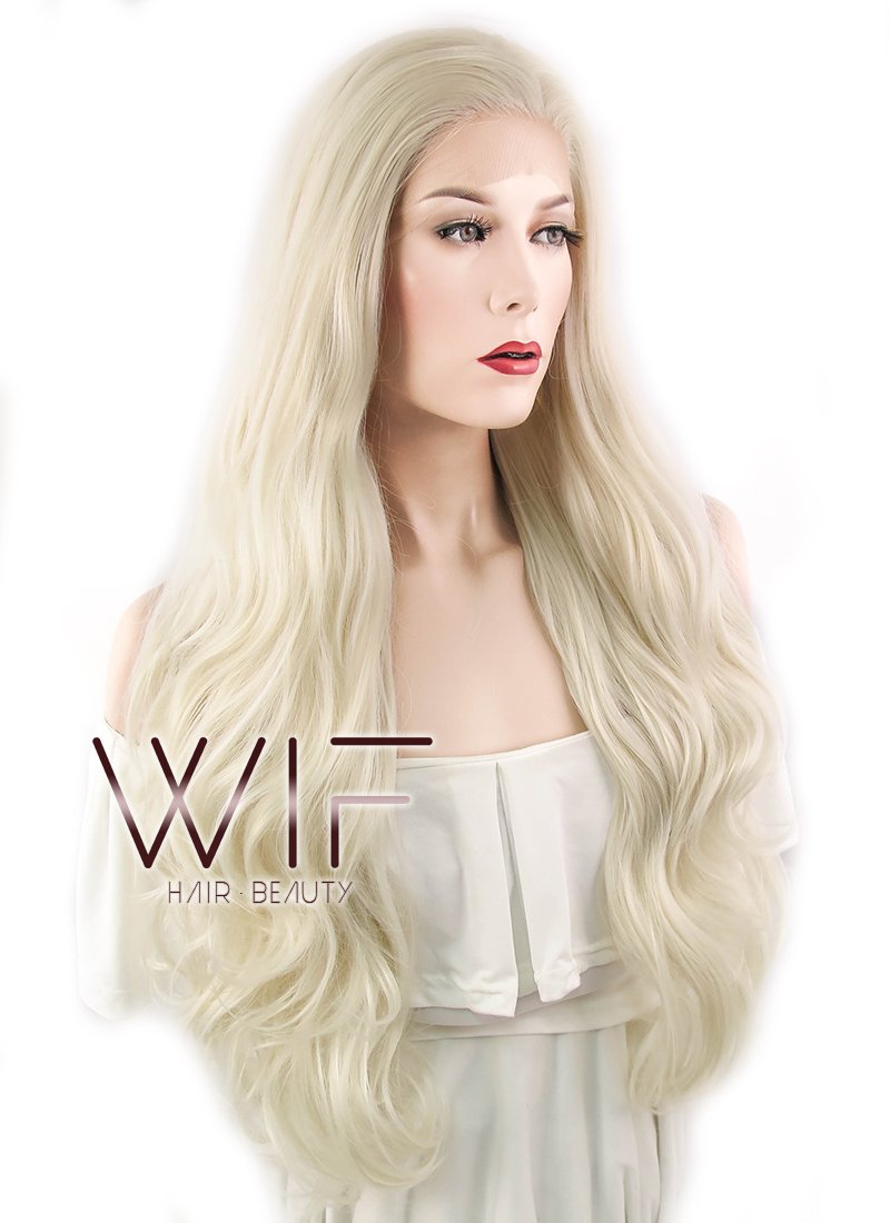 28" Wavy Platinum Blonde Lace Front Synthetic Wig LF667F