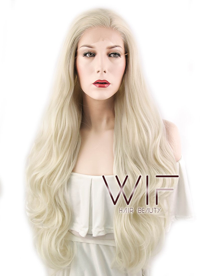 28" Wavy Platinum Blonde Lace Front Synthetic Wig LF667F