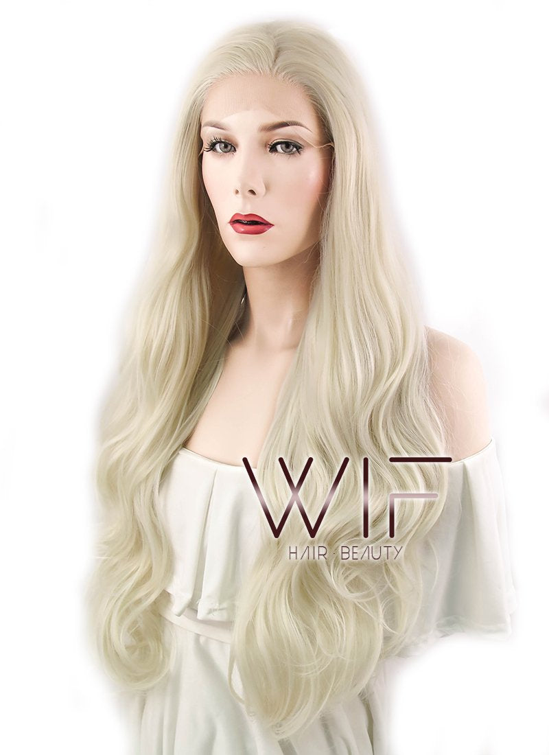 28" Wavy Platinum Blonde Lace Front Synthetic Wig LF667F