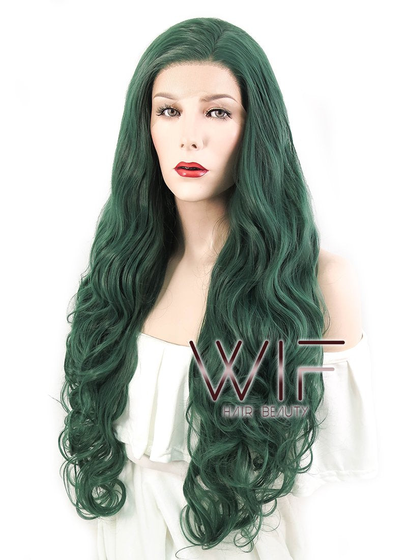 28" Wavy Deep Sea Green Lace Front Synthetic Wig LF667V