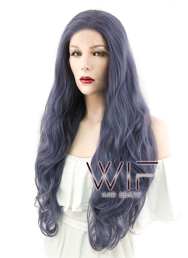 28" Wavy Purplish Grey Lace Front Synthetic Wig LF667