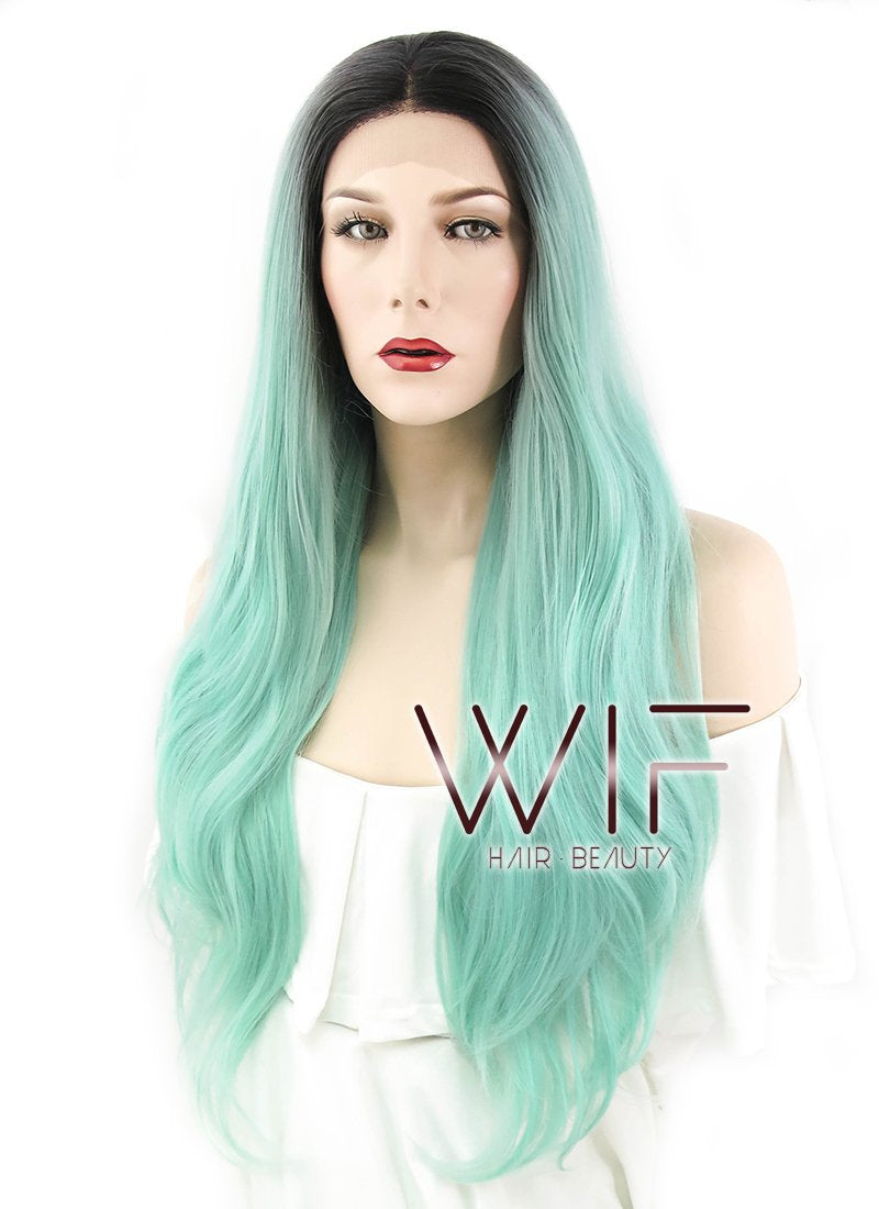22" Wavy Light Green With Dark Roots Lace Front Synthetic Wig LF697E