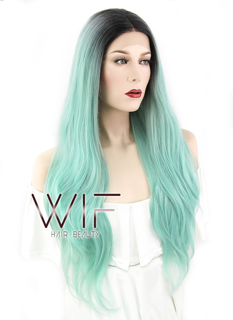 22" Wavy Light Green With Dark Roots Lace Front Synthetic Wig LF697E