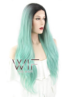 22" Wavy Light Green With Dark Roots Lace Front Synthetic Wig LF697E