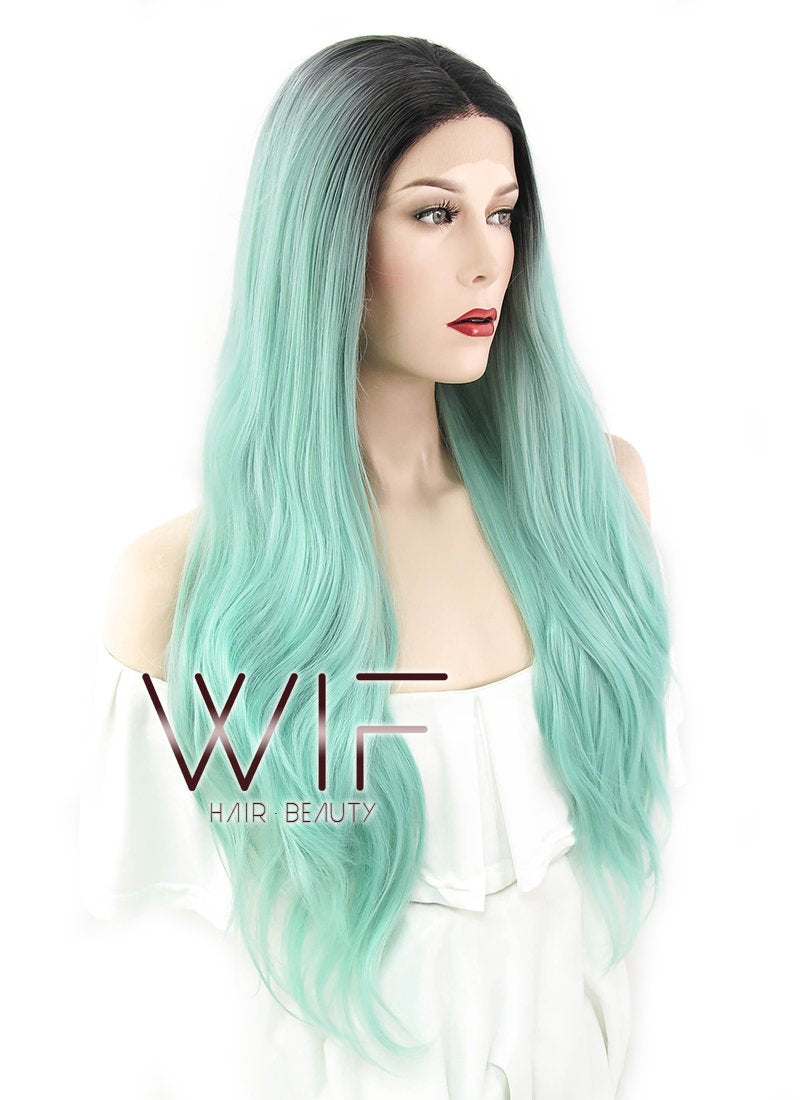 22" Wavy Light Green With Dark Roots Lace Front Synthetic Wig LF697E
