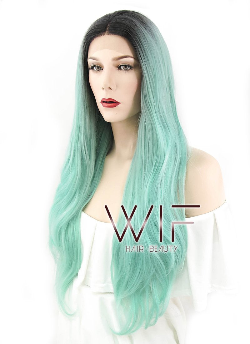 22" Wavy Light Green With Dark Roots Lace Front Synthetic Wig LF697E