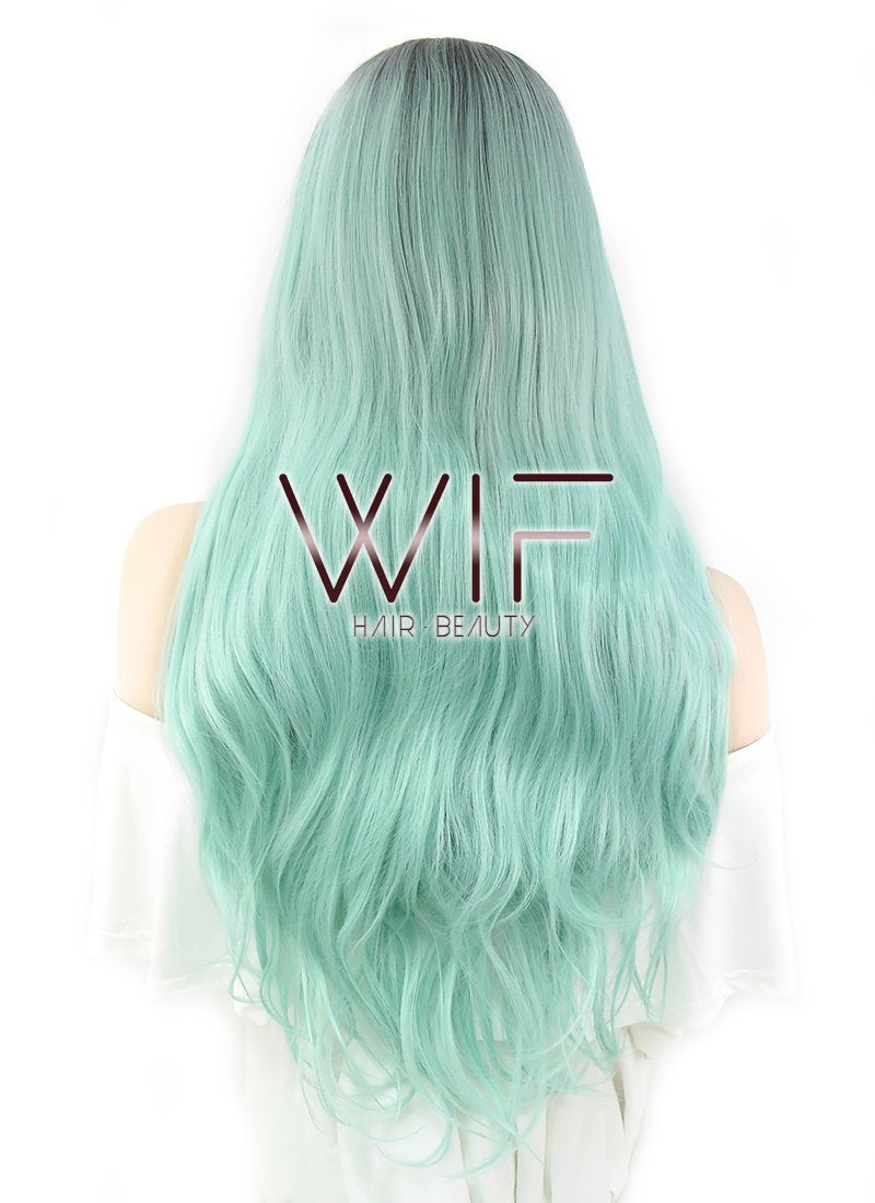 22" Wavy Light Green With Dark Roots Lace Front Synthetic Wig LF697E