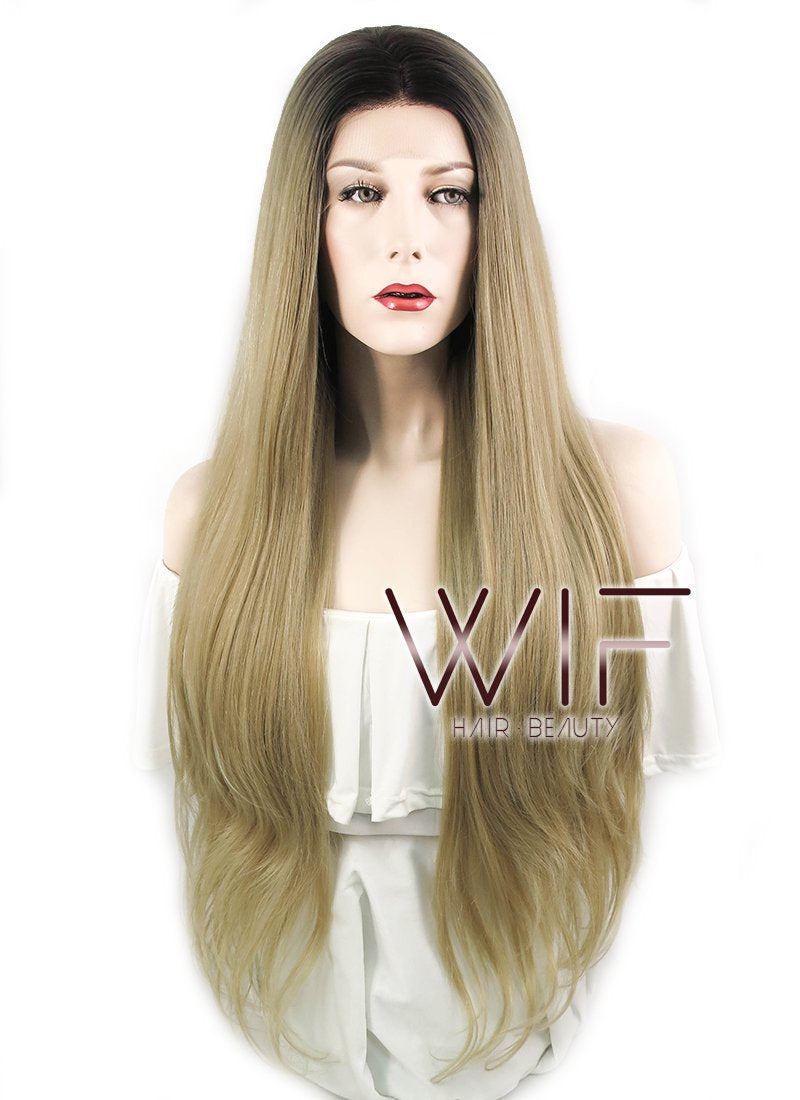 18" / 24" / 28" Wavy Blonde With Dark Roots Lace Front Synthetic Wig LF697